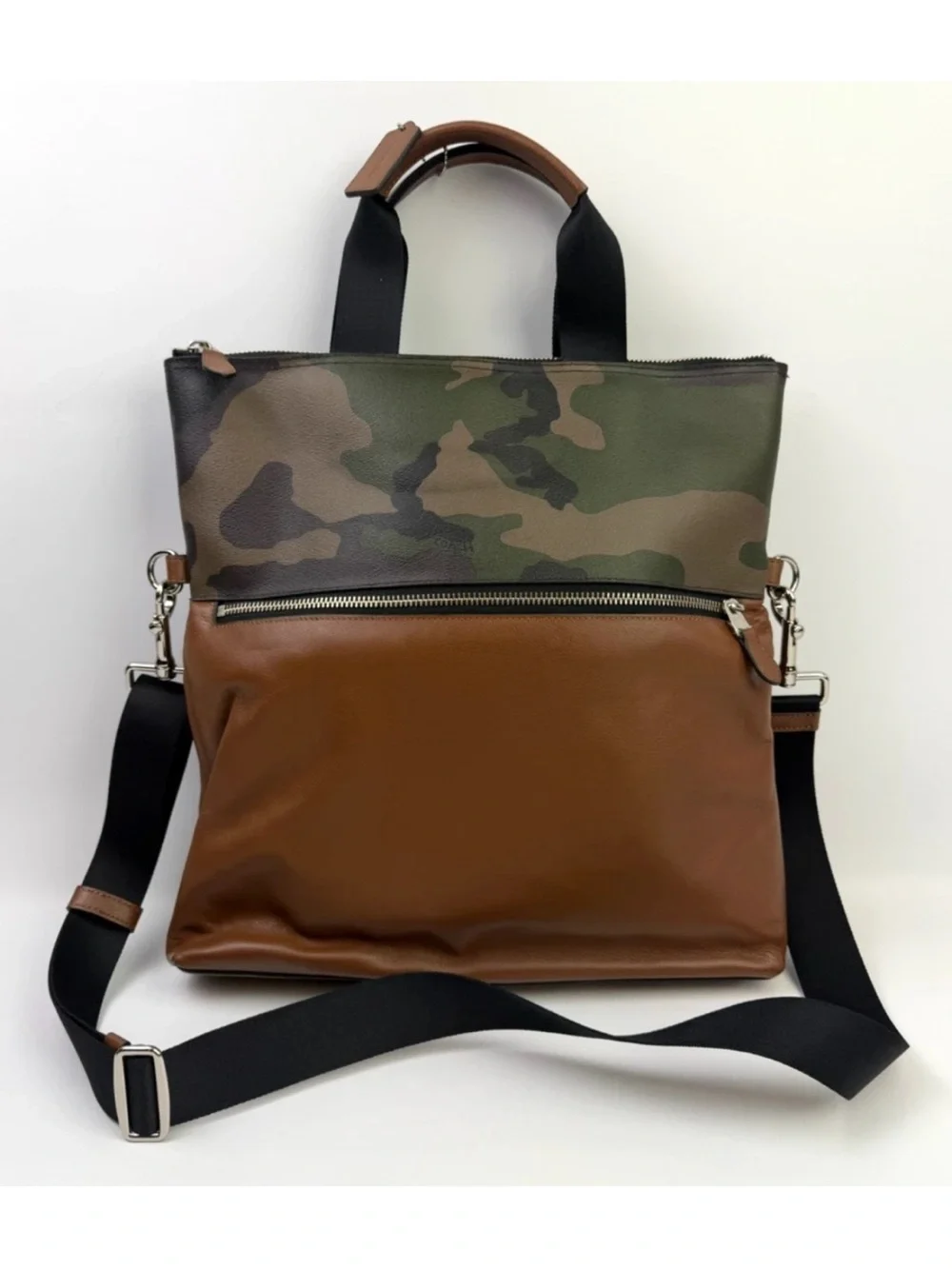 Coach Camouflage Foldover Crossbody Tote Bag Brown Leather Utility Unisex